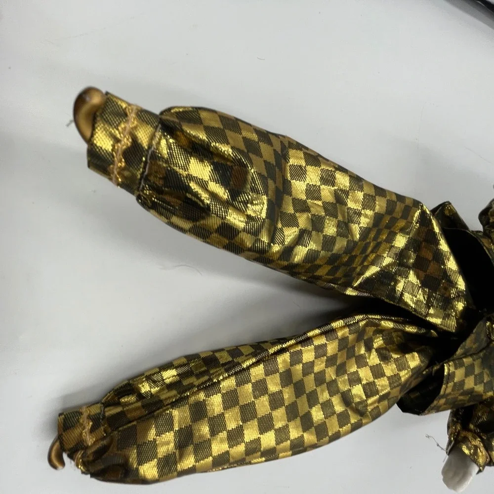 Vintage Porcelain Harlequin Clown‎ Doll Gold Black Checkered Jester 19.5 Inch